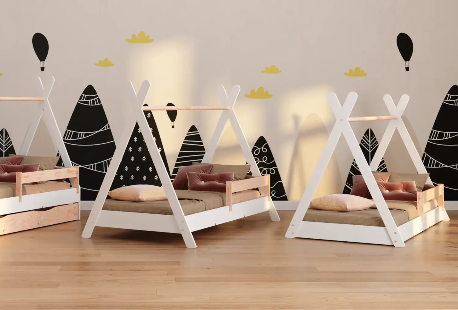 Łóżko domek dla dziecka z barierką i stelażem TIPI Montessori Drewniane